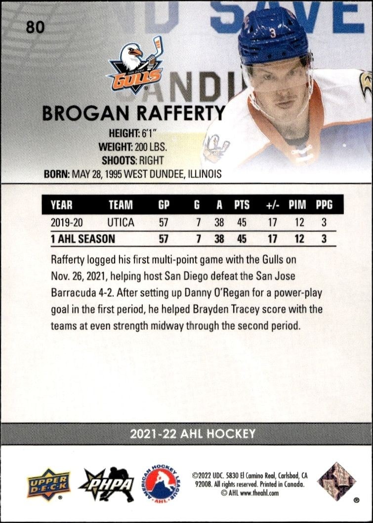 2021-22 Upper Deck AHL Brogan Rafferty #80 hockey trading card back