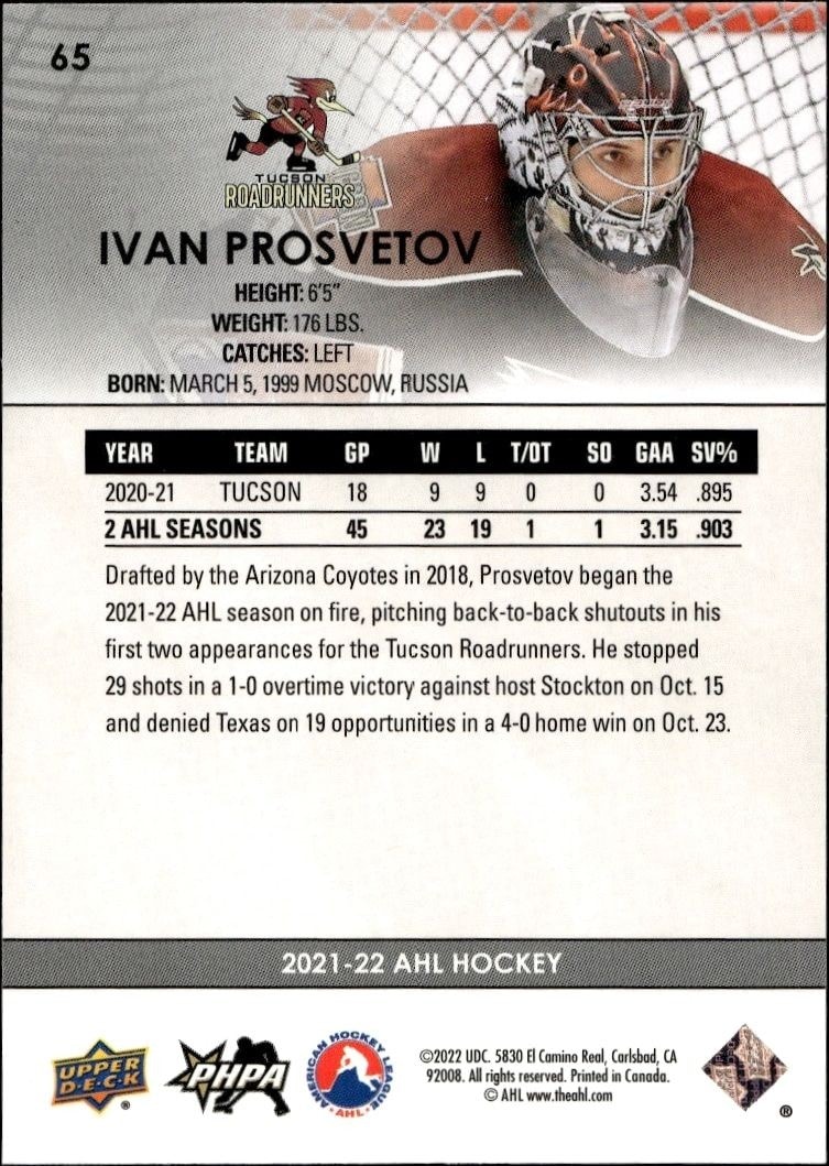 2021-22 Upper Deck AHL Ivan Prosvetov #65 hockey trading card back