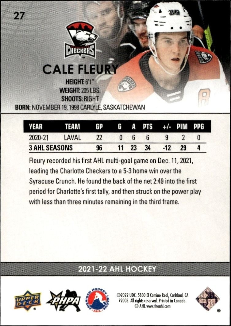 2021-22 Upper Deck AHL Cale Fleury #27 hockey trading card back