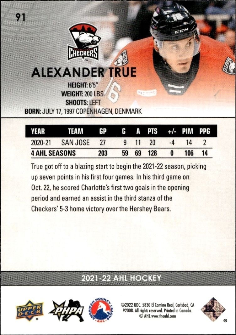 2021-22 Upper Deck AHL Alexander True #91 hockey trading card back