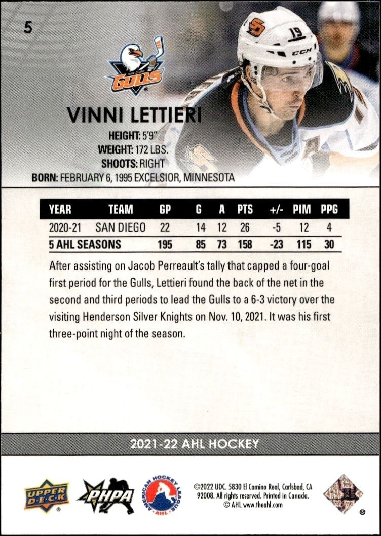 2021-22 Upper Deck AHL Vinni Lettieri #5 hockey trading card back