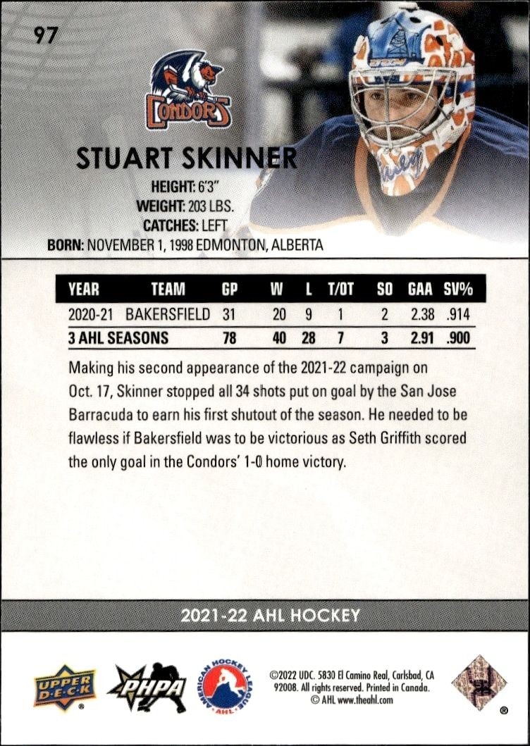 2021-22 Upper Deck AHL Stuart Skinner #97 hockey trading card back
