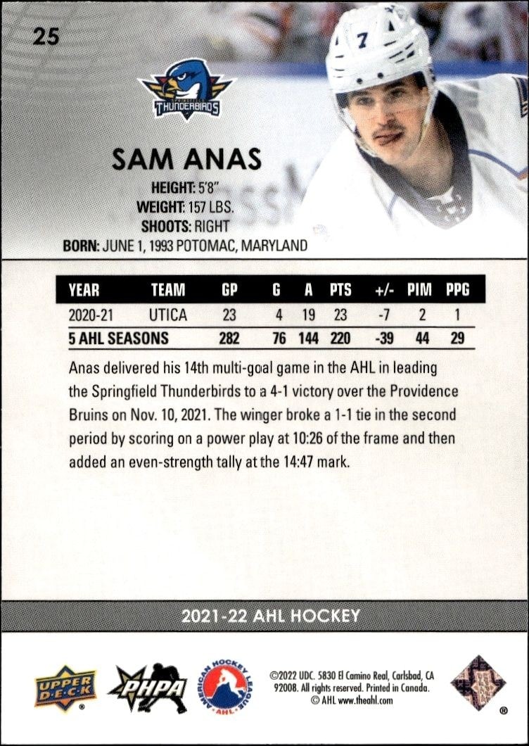 2021-22 Upper Deck AHL Sam Anas #25 hockey trading card back