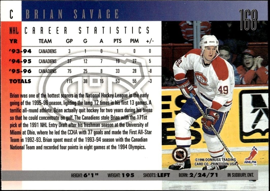 1996-97 Donruss Brian Savage #168 hockey trading card back