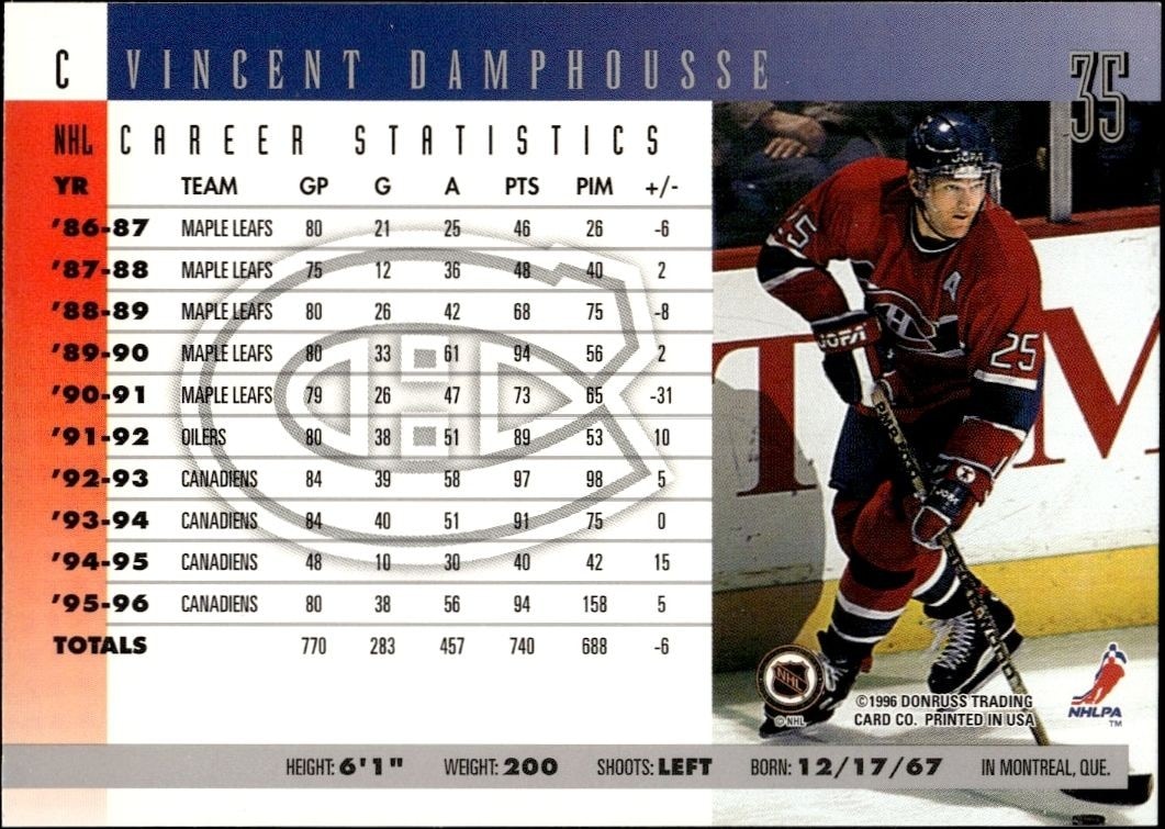 1996-97 Donruss Vincent Damphousse #35 hockey trading card back