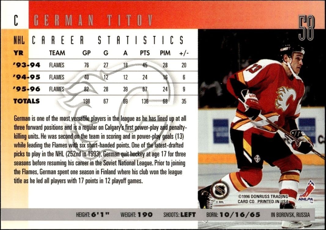 1996-97 Donruss German Titov #58 hockey trading card back
