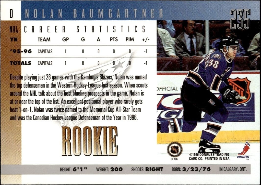 1996-97 Donruss Nolan Baumgartner #235 hockey trading card back