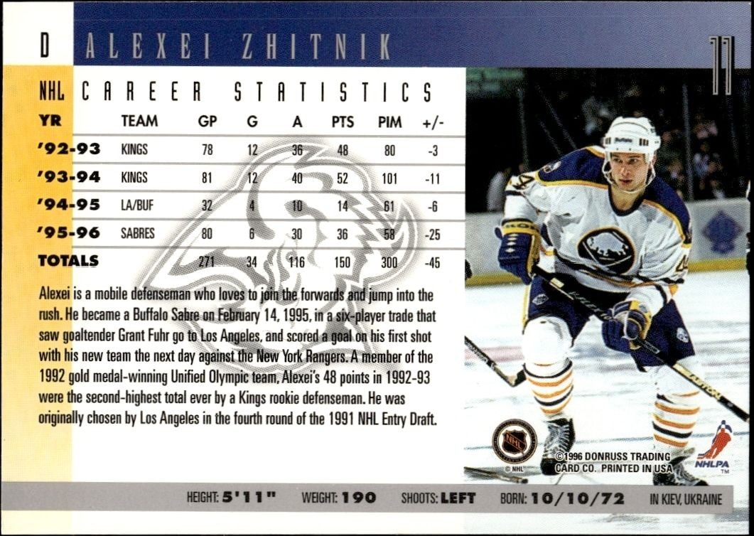 1996-97 Donruss Alexei Zhitnik #11 hockey trading card back