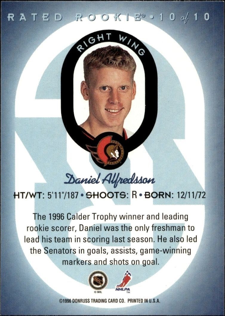 1996-97 Donruss Daniel Alfredsson #10 hockey trading card back