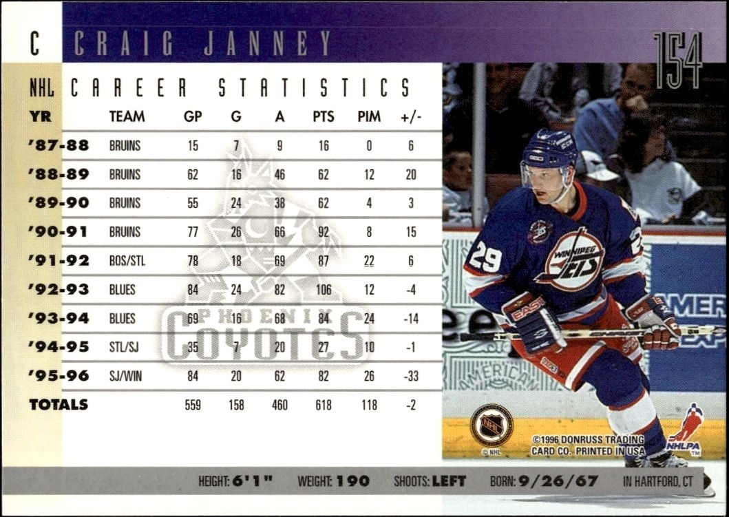 1996-97 Donruss Craig Janney #154 hockey trading card back