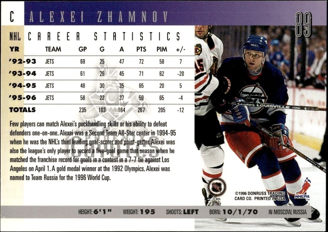 1996-97 Donruss Alexei Zhamnov #89 hockey trading card back