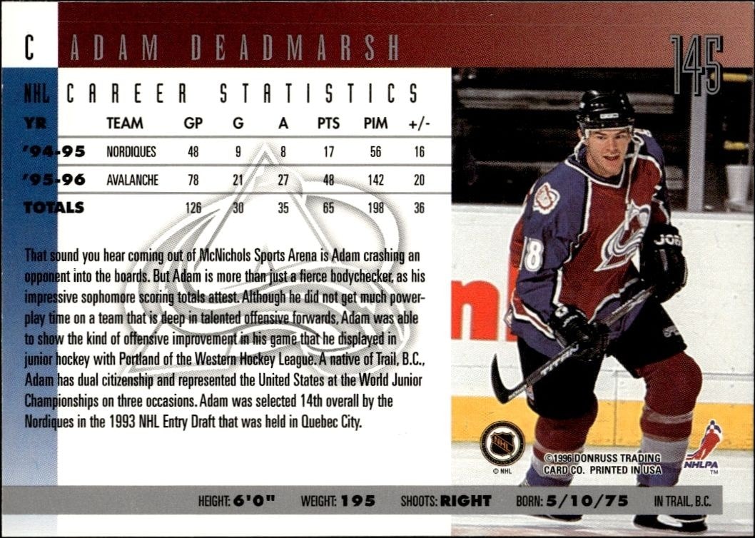 1996-97 Donruss Adam Deadmarsh #145 hockey trading card back