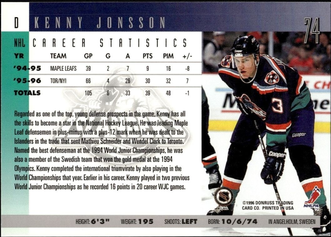 1996-97 Donruss Kenny Jonsson #74 hockey trading card back