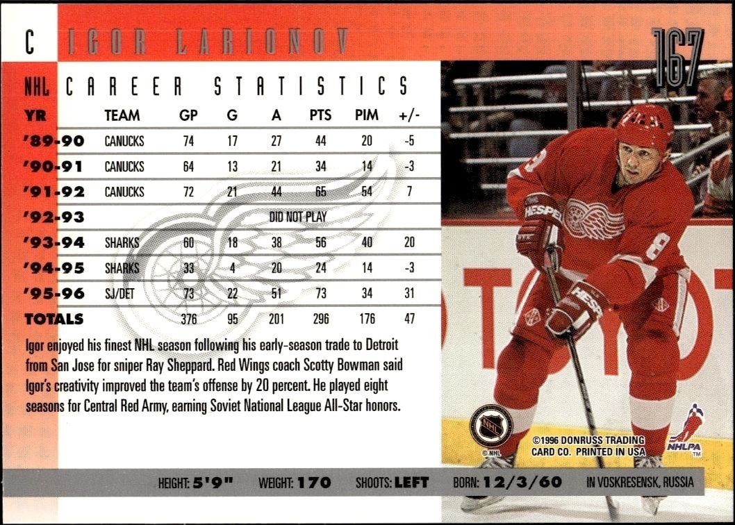 1996-97 Donruss Igor Larionov #167 hockey trading card back