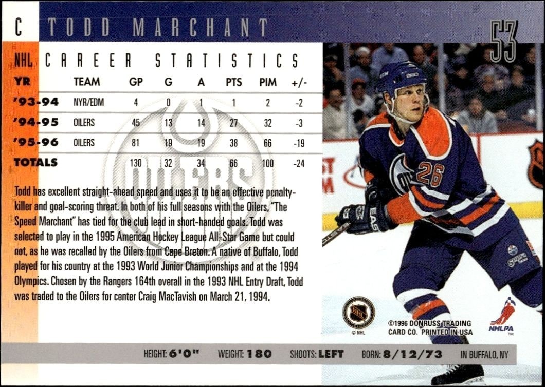 1996-97 Donruss Todd Marchant #53 hockey trading card back