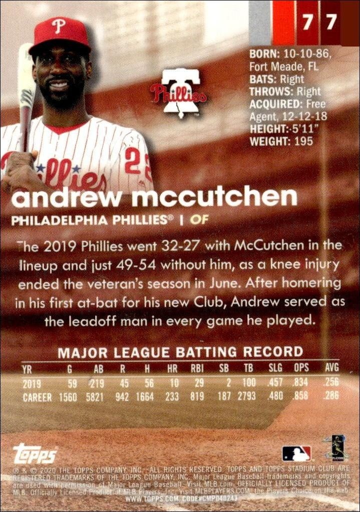 2020 Topps Stadium Club Chrome Andrew McCutchen #77 baseball trading card back