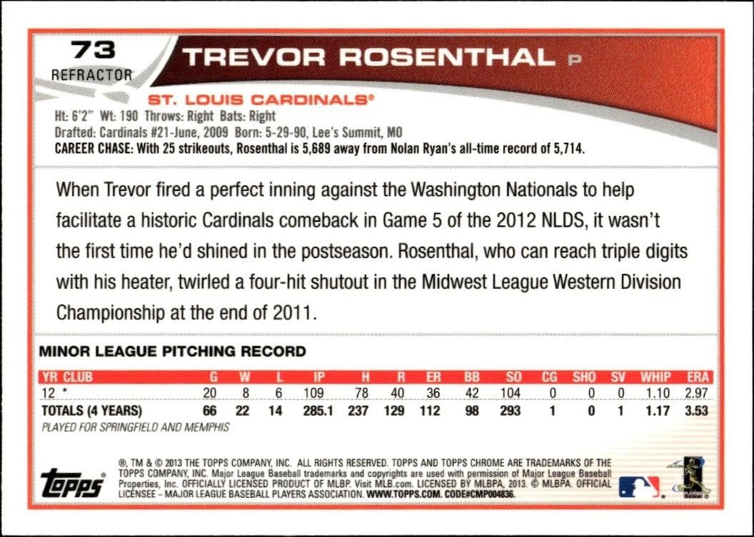 2013 Topps Chrome Trevor Rosenthal #73 baseball trading card back