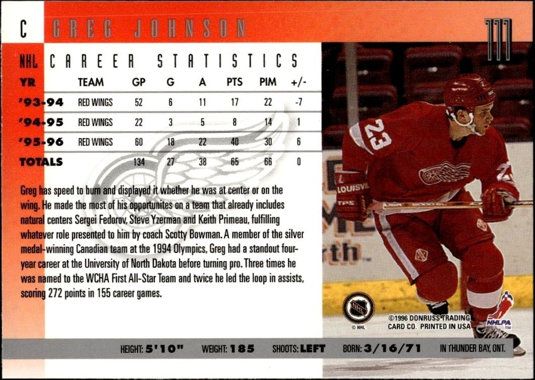 1996-97 Donruss Greg Johnson #111 hockey trading card back