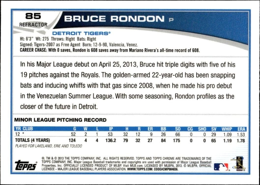 2013 Topps Chrome Bruce Rondon #85 baseball trading card back
