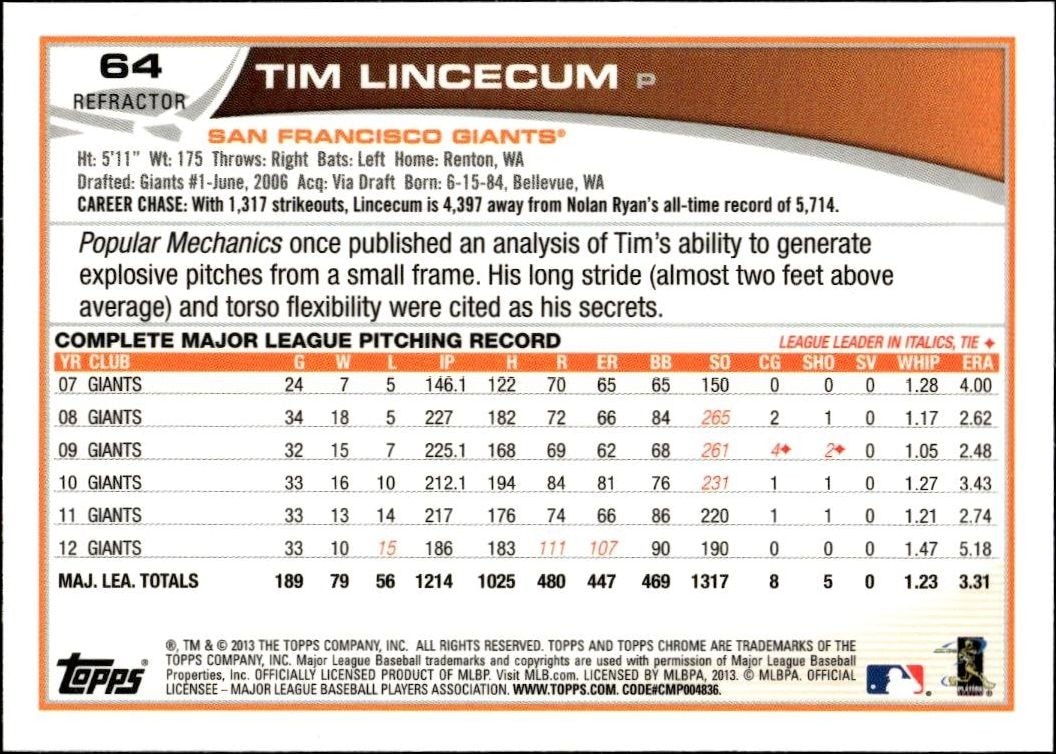 2013 Topps Chrome Tim Lincecum #64 baseball trading card back
