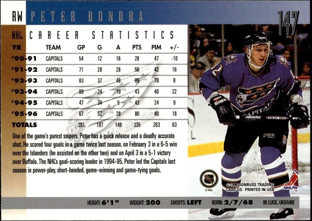 1996-97 Donruss Peter Bondra #147 hockey trading card back