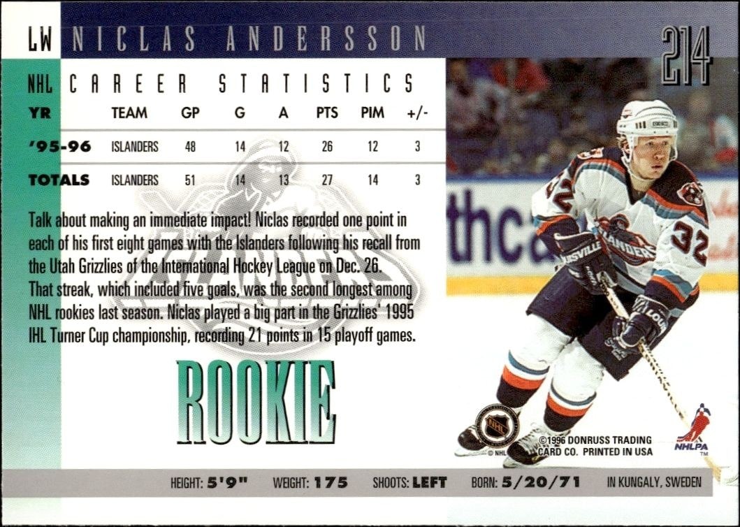 1996-97 Donruss Niklas Andersson #214 hockey trading card back