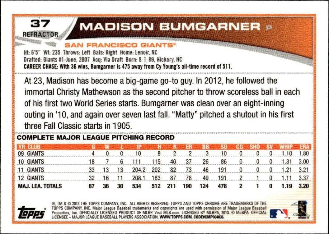 2013 Topps Chrome Madison Bumgarner #37 baseball trading card back
