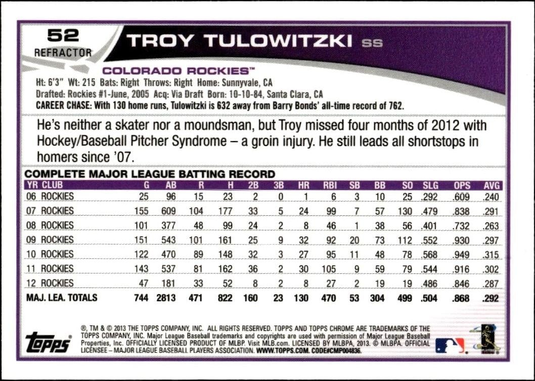 2013 Topps Chrome Troy Tulowitzki #52 baseball trading card back