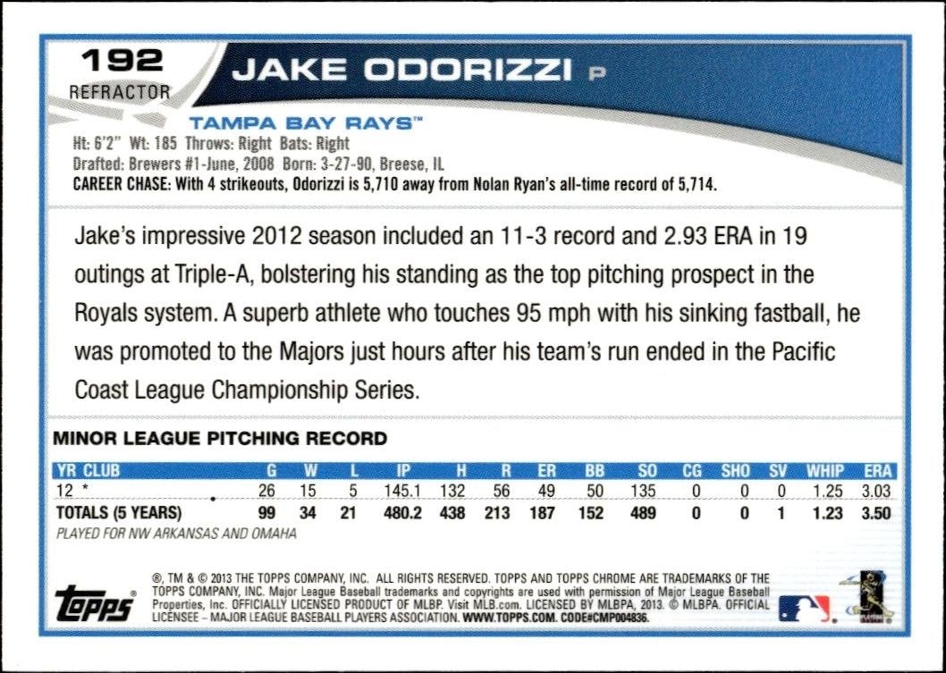 2013 Topps Chrome Jake Odorizzi #192 baseball trading card back