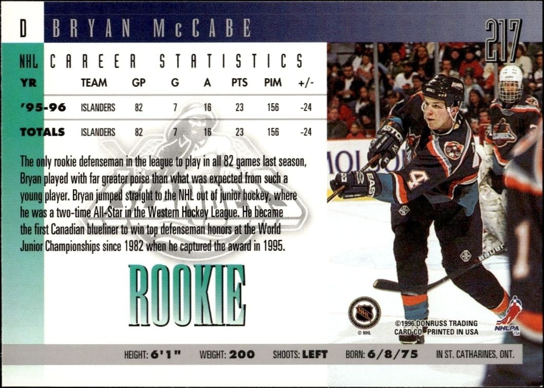 1996-97 Donruss Bryan McCabe #217 hockey trading card back