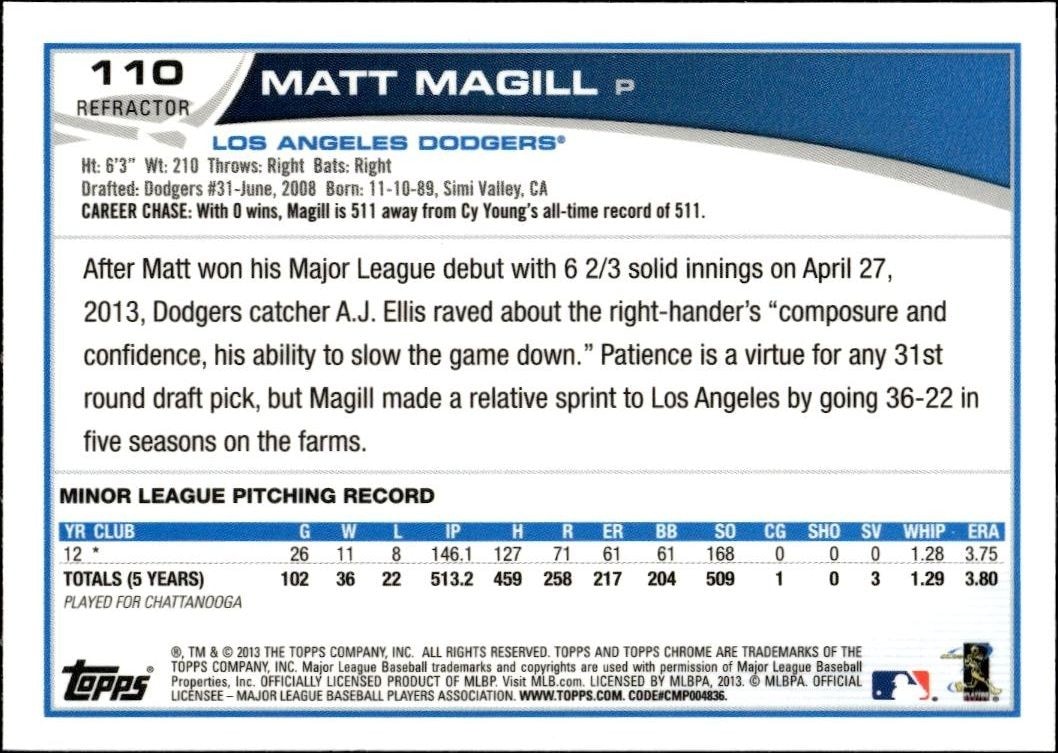 2013 Topps Chrome Matt Magill #110 baseball trading card back
