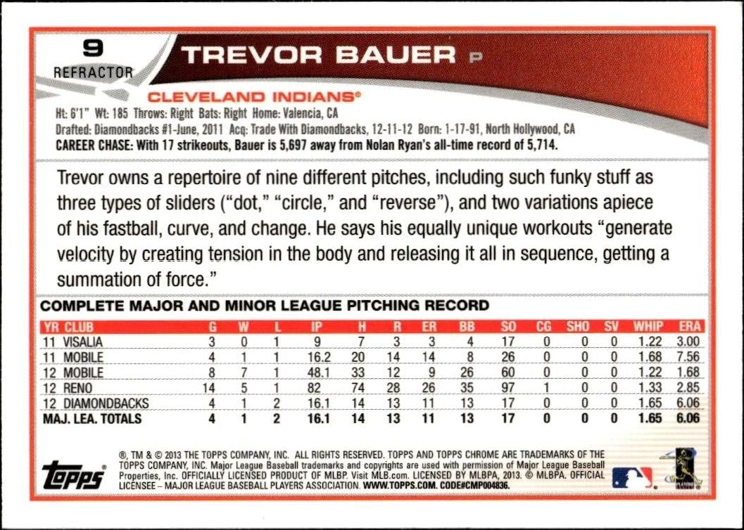 2013 Topps Chrome Trevor Bauer #9 baseball trading card back