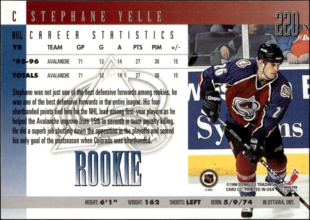 1996-97 Donruss Stephane Yelle #220 hockey trading card back
