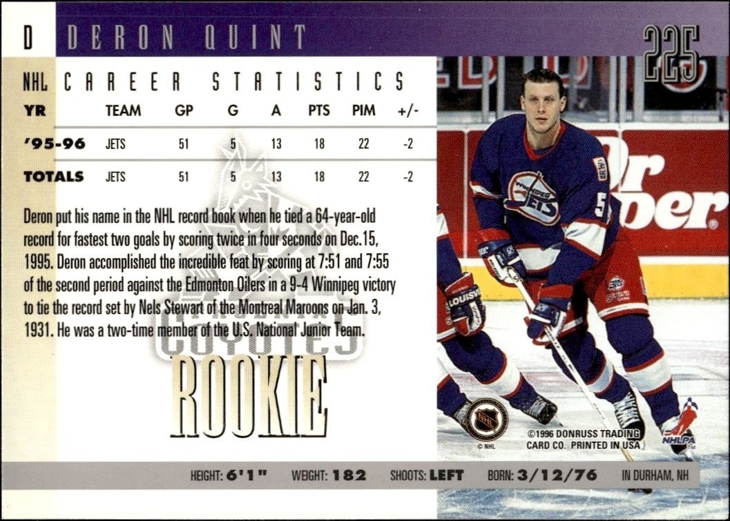 1996-97 Donruss Deron Quint #225 hockey trading card back