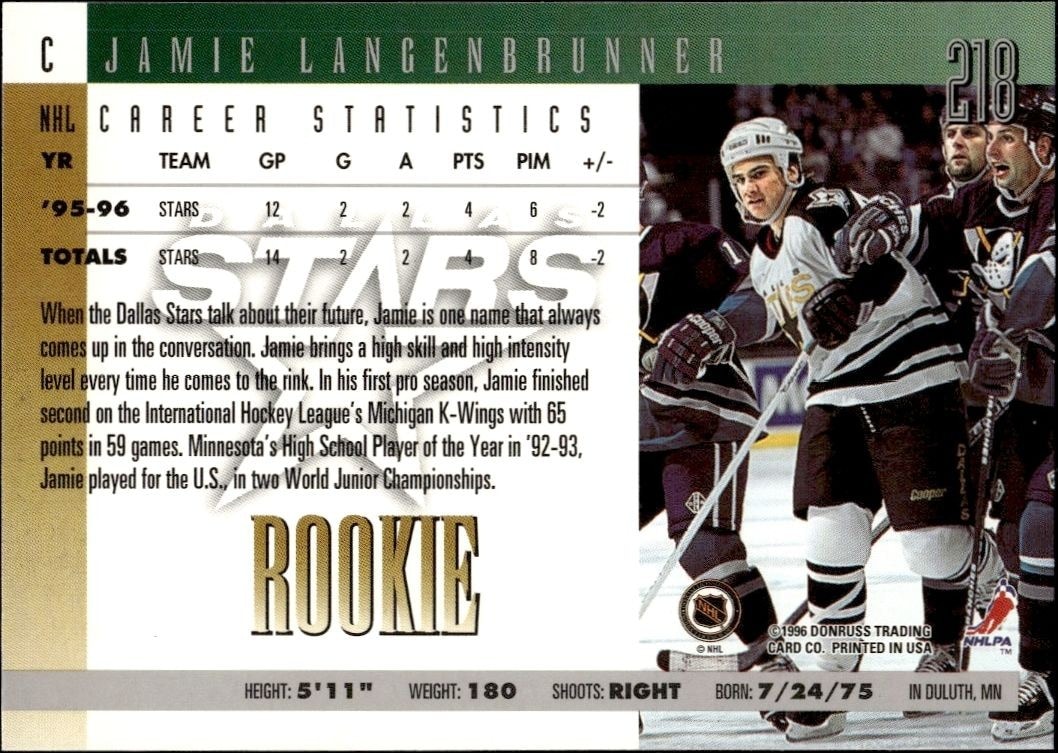 1996-97 Donruss Jamie Langenbrunner #218 hockey trading card back