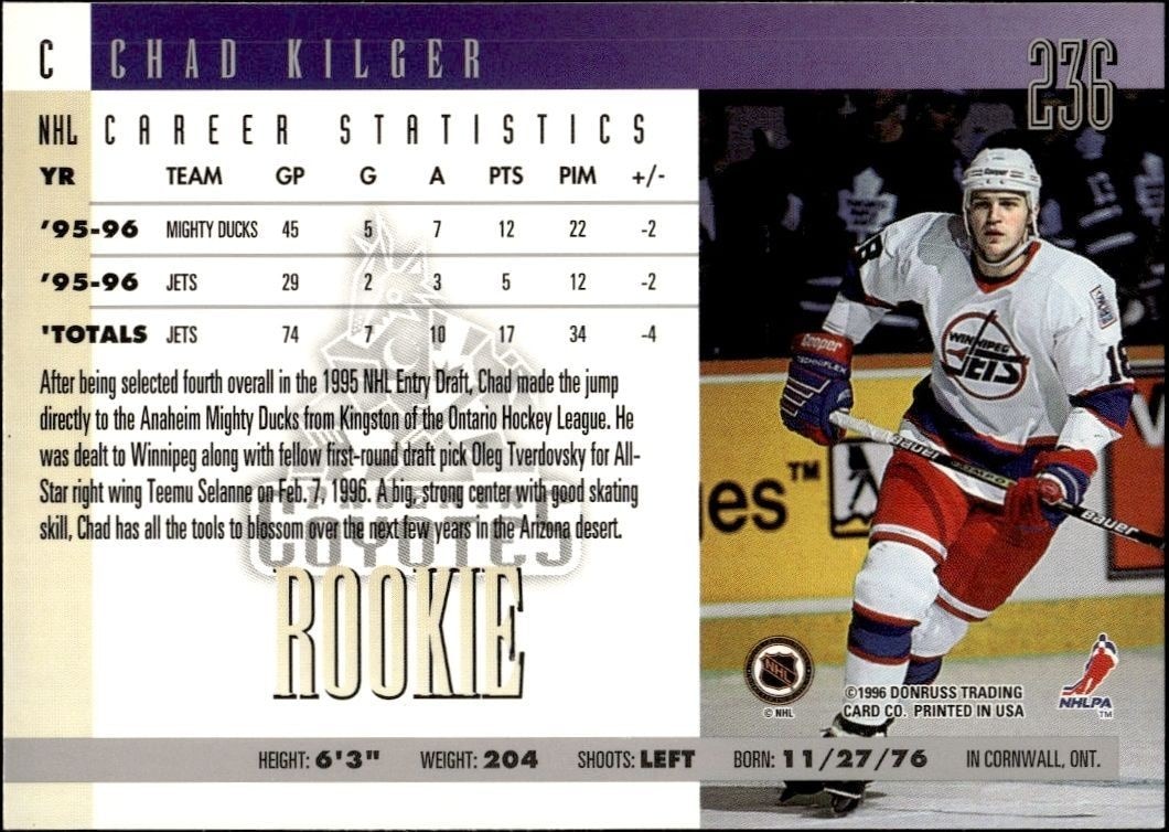 1996-97 Donruss Chad Kilger #236 hockey trading card back