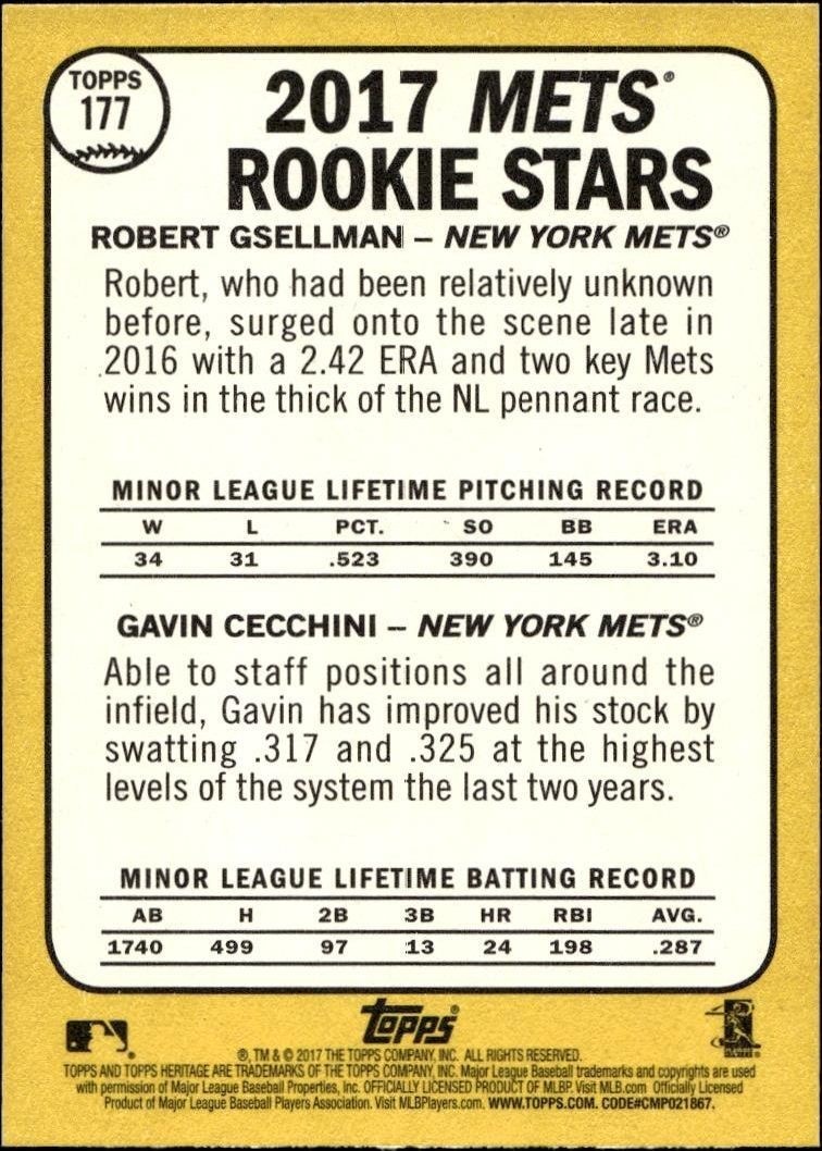2017 Topps Heritage Gavin Cecchini #177 baseball trading card back
