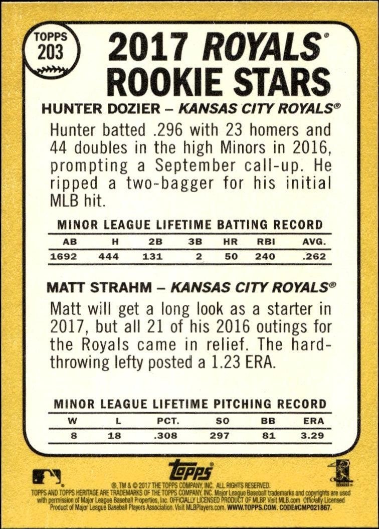 2017 Topps Heritage Hunter Dozier #203 baseball trading card back
