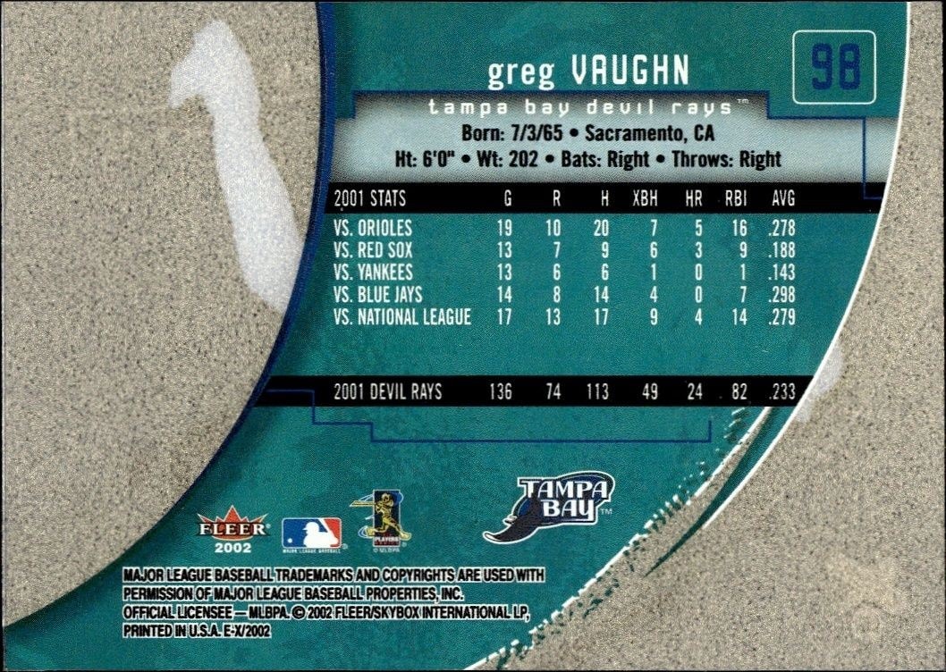 2002 Fleer E-x Greg Vaughn #98 baseball trading card back