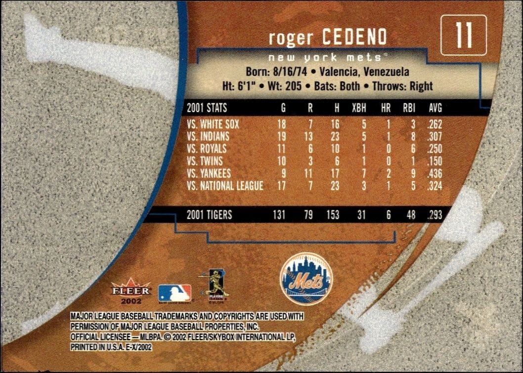 2002 Fleer E-x Roger Cedeno #11 baseball trading card back