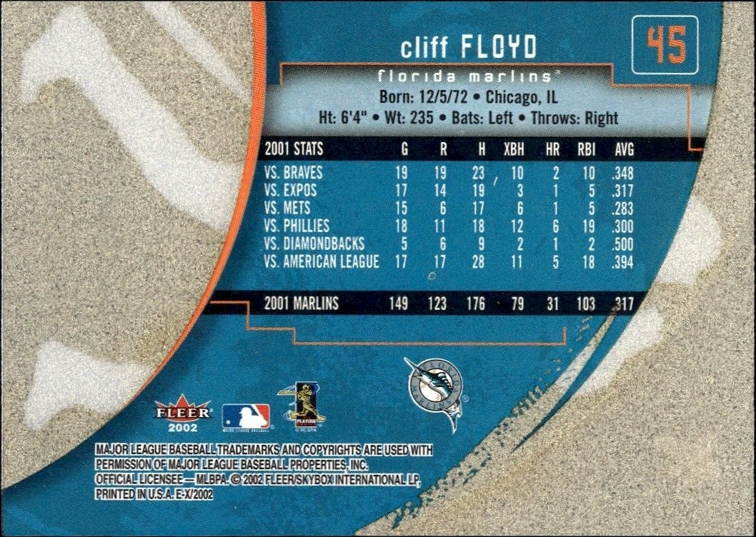 2002 Fleer E-x Cliff Floyd #45 baseball trading card back