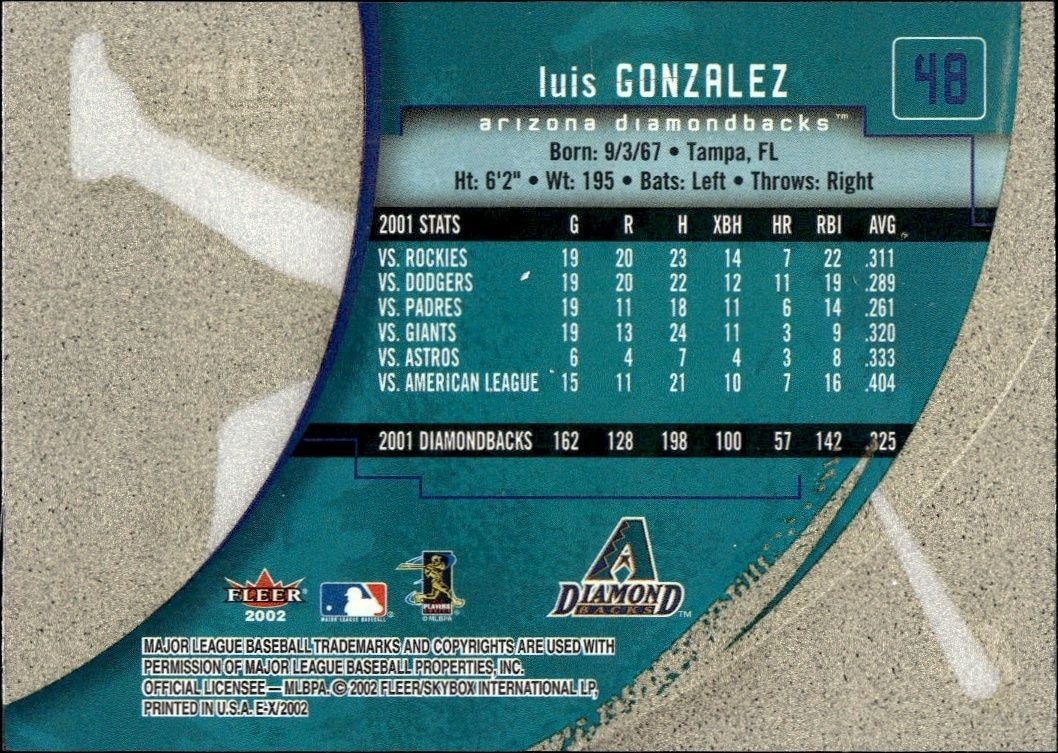 2002 Fleer E-x Luis Gonzalez #48 baseball trading card back