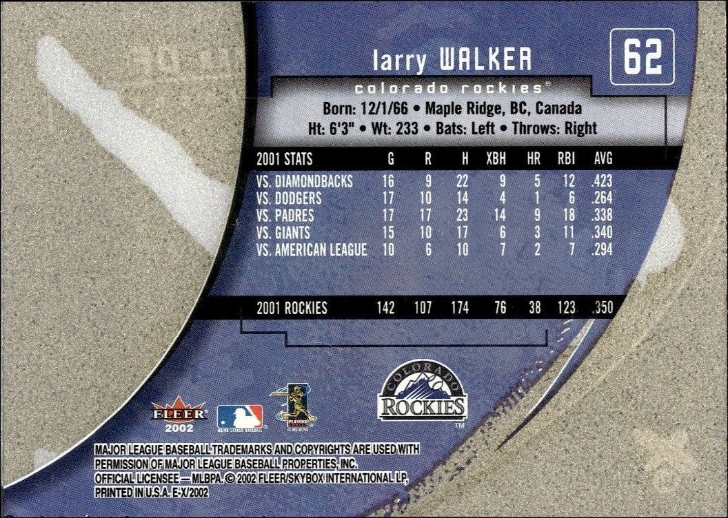 2002 Fleer E-x Larry Walker #62 baseball trading card back