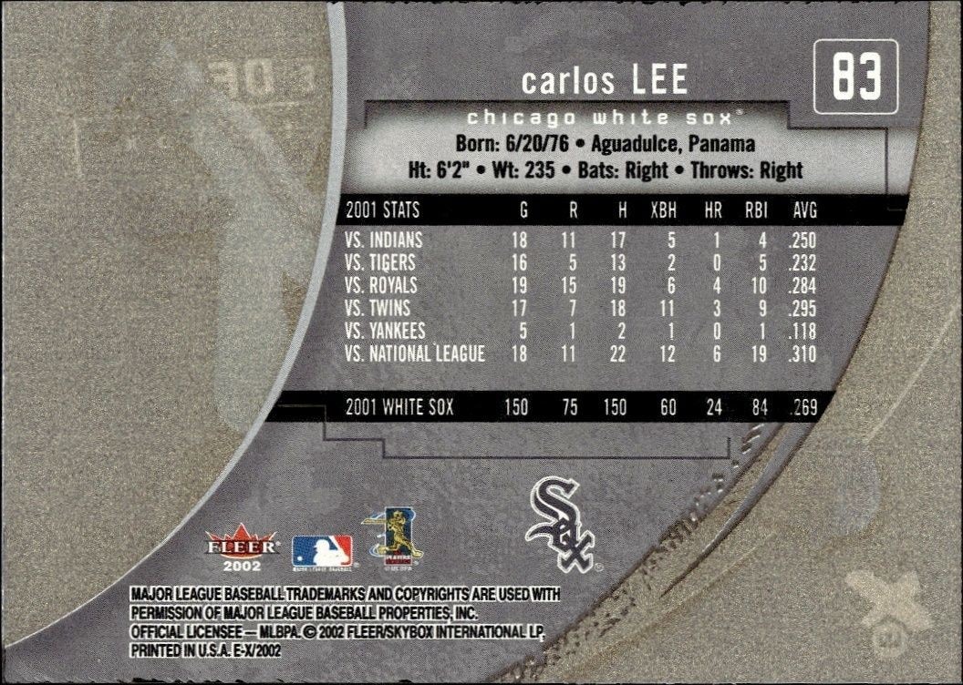 2002 Fleer E-x Carlos Lee #83 baseball trading card back