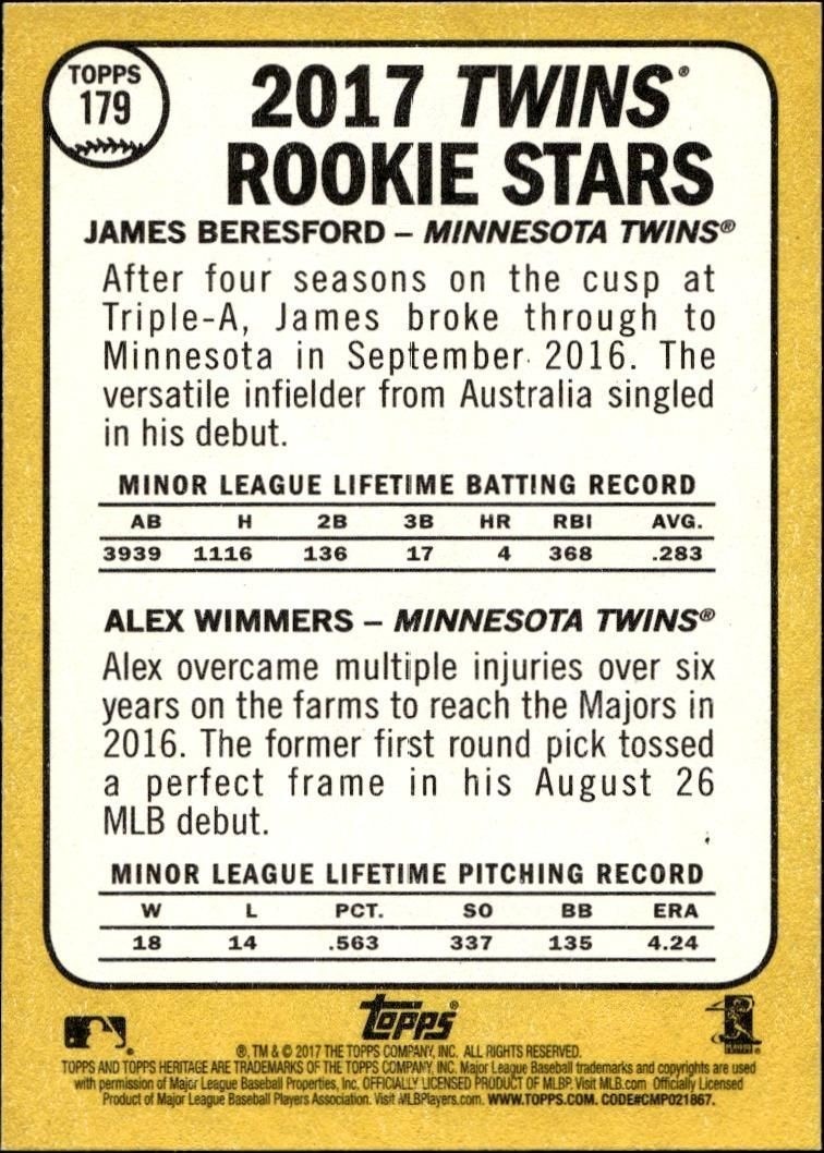 2017 Topps Heritage James Beresford #179 baseball trading card back