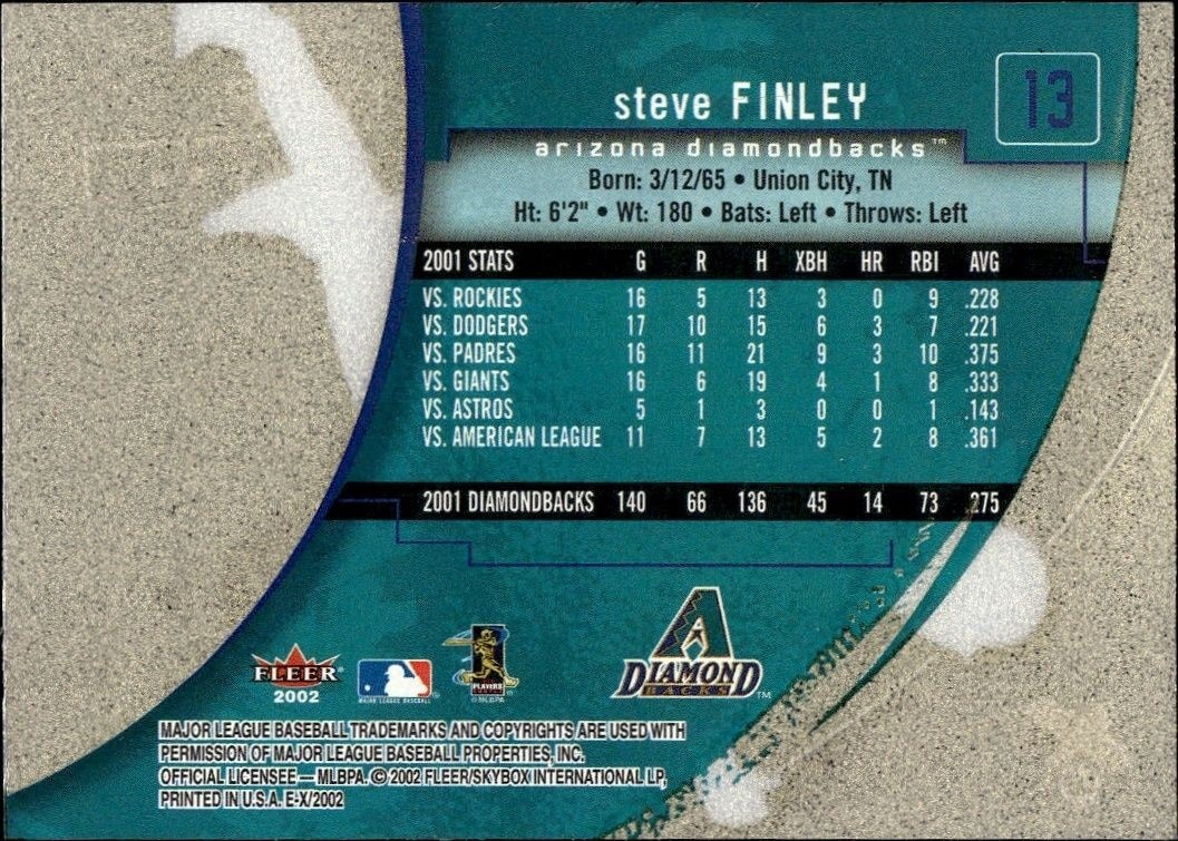 2002 Fleer E-x Steve Finley #13 baseball trading card back