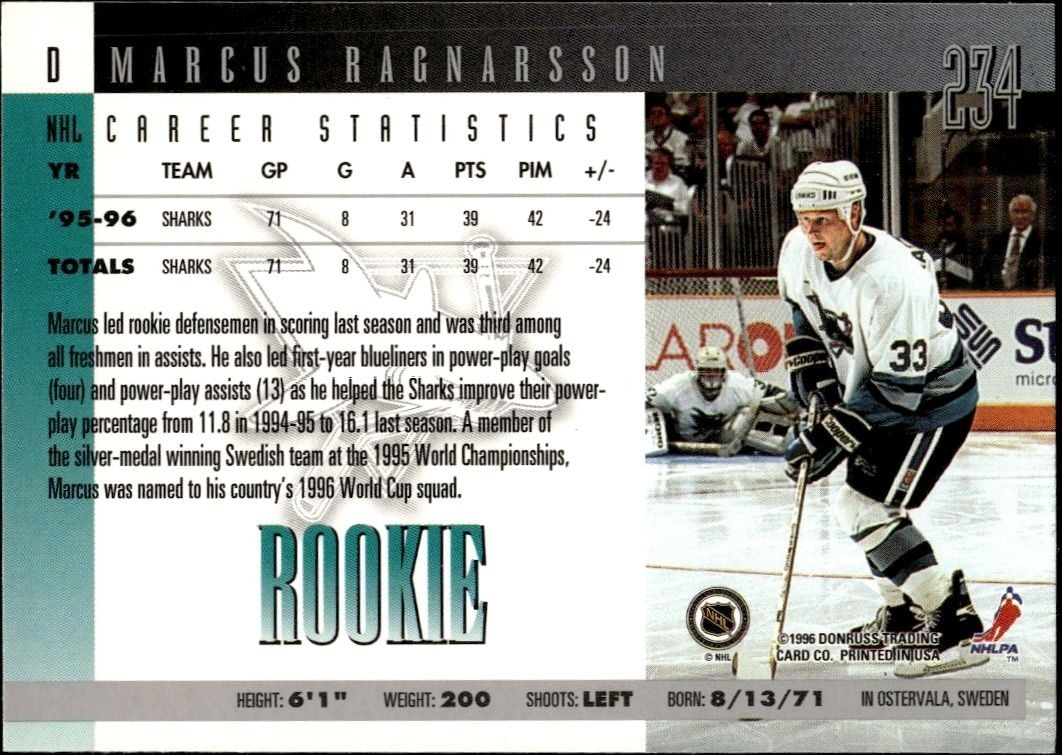 1996-97 Donruss Marcus Ragnarsson #234 hockey trading card back