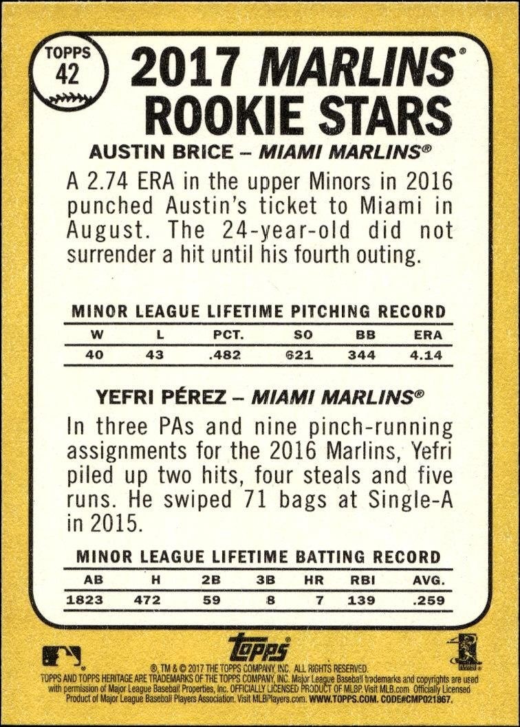 2017 Topps Heritage Austin Brice #42 baseball trading card back