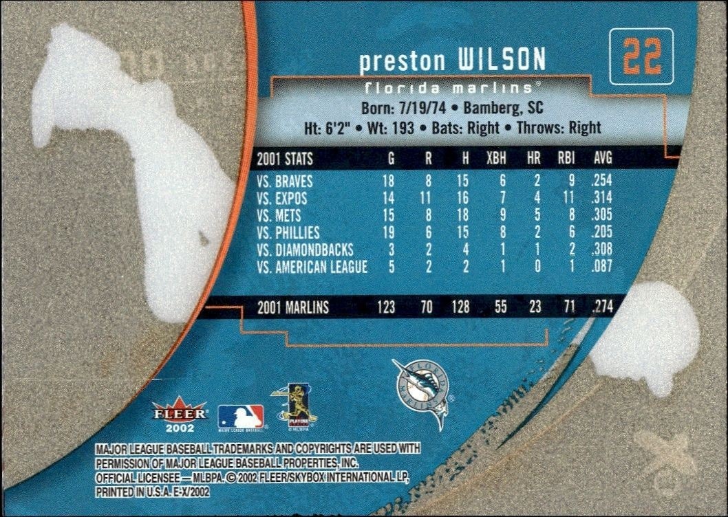 2002 Fleer E-x Preston Wilson #22 baseball trading card back