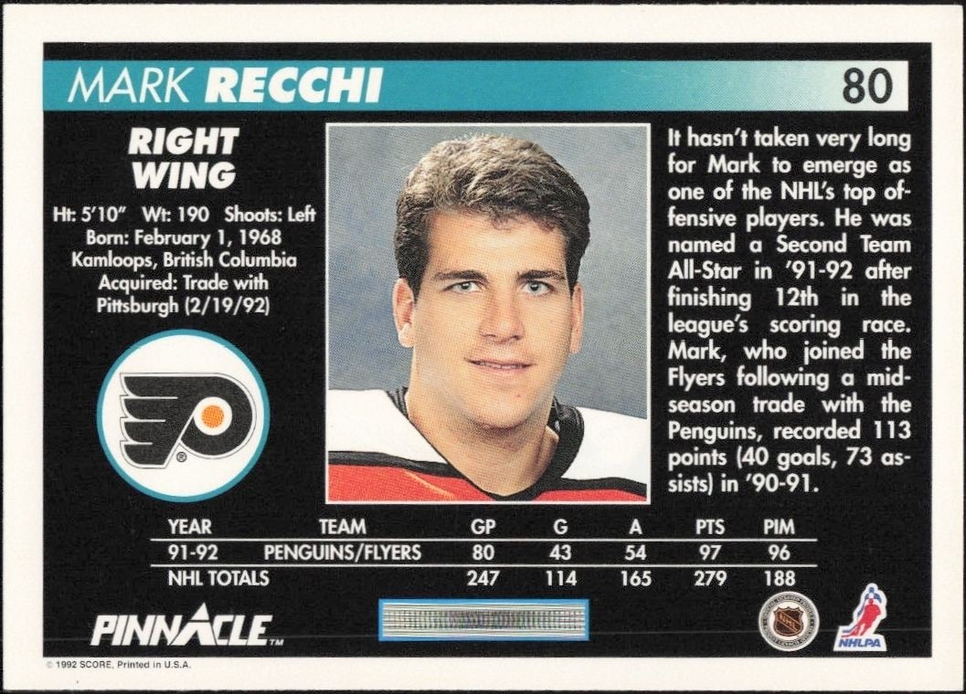 1992-93 Pinnacle Mark Recchi #80 hockey trading card back